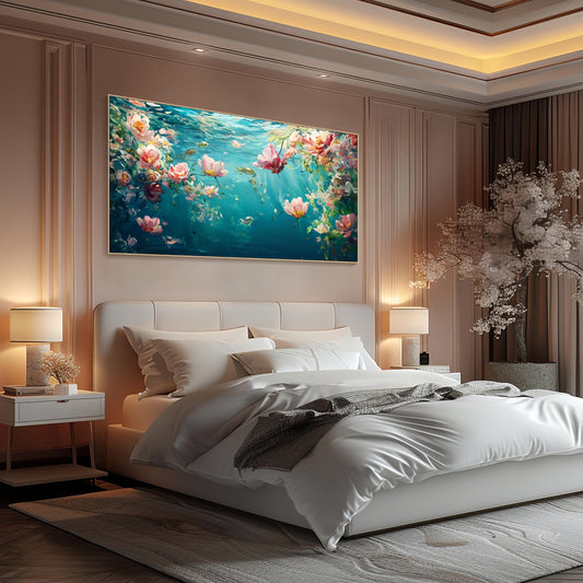 Underwater Floral Canvas | Ocean Lotus Art | Turquoise Blue Wall Decor