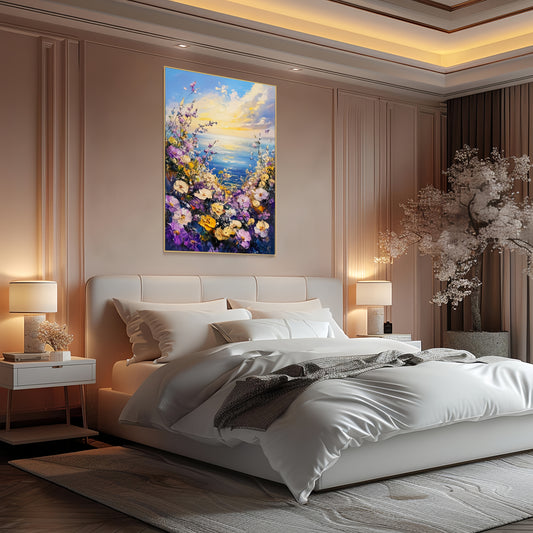 3D Seaside Floral Canvas | Ocean Sunset Wall Art | Coastal Wildflower Decor