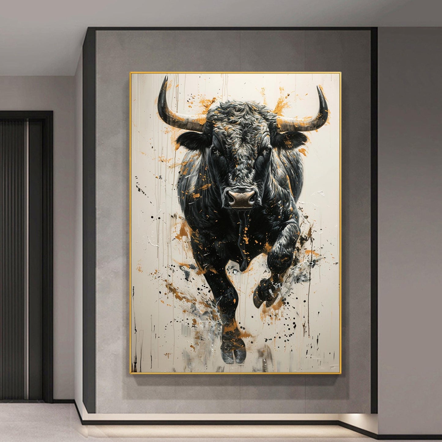 Large Black Bull Painting | Abstract Animal Canvas | Modern Wall Art