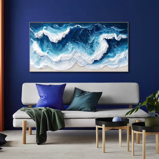 Abstract Ocean Wave Canvas | Textured Blue & White Art | Minimalist Wall Decor