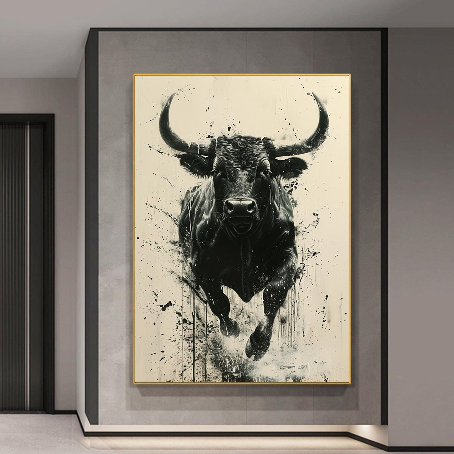 Original Black Bull Painting | Abstract Cow Canvas Art | Modern Animal Wall Decor