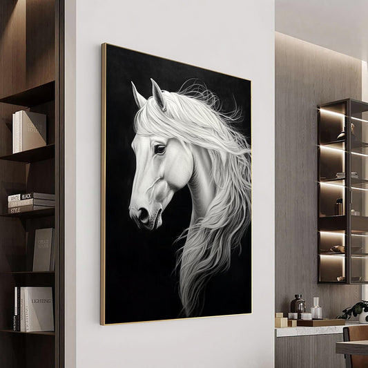 Original White Horse Painting | Elegant Horse Canvas Art | Black & White Animal Decor