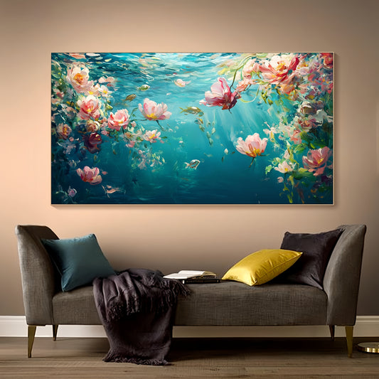 Underwater Floral Canvas | Ocean Lotus Art | Turquoise Blue Wall Decor