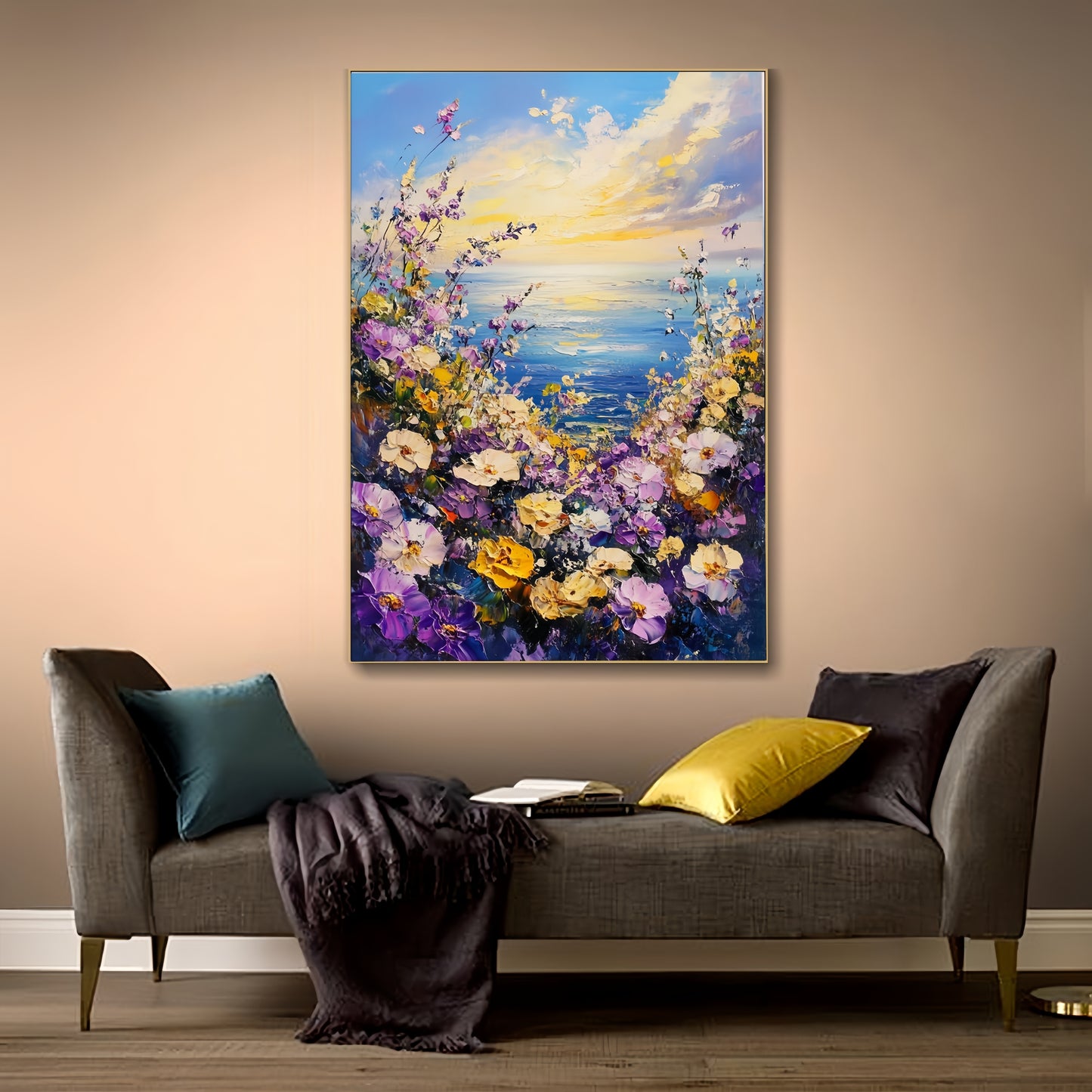 3D Seaside Floral Canvas | Ocean Sunset Wall Art | Coastal Wildflower Decor