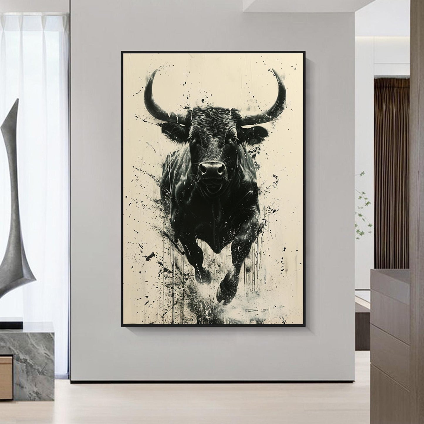 Original Black Bull Painting | Abstract Cow Canvas Art | Modern Animal Wall Decor