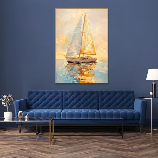 3D Golden Sunset Sailboat | Nautical Seascape Art | Ocean Wall Decor