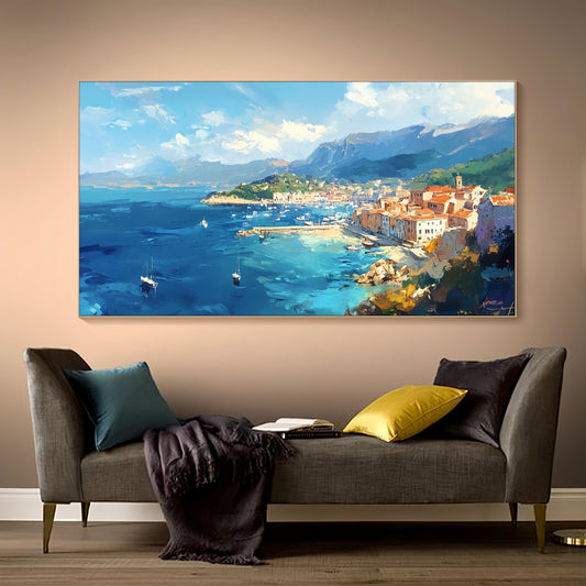 Large Seaside Canvas | Mediterranean Harbor Art | Coastal Wall Decor