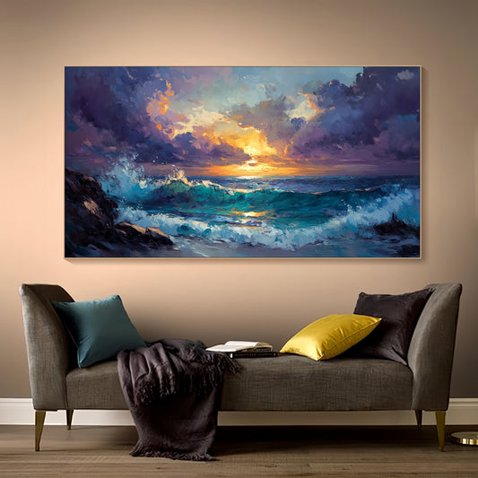 Ocean Sunset Canvas | Textured Seascape Art | Stormy Wave Wall Decor
