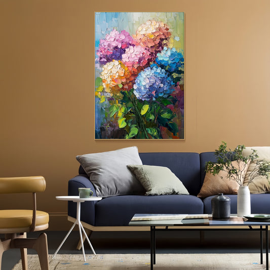 3D Hydrangea Canvas | Colorful Bouquet Wall Art | Botanical Textured Decor