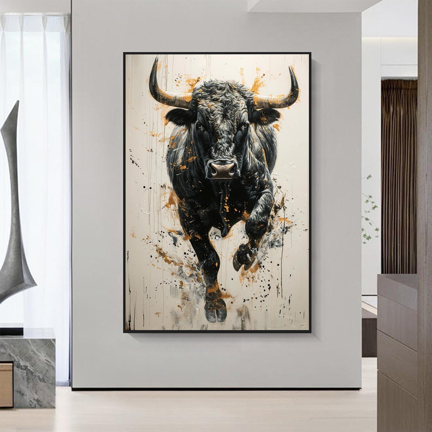 Large Black Bull Painting | Abstract Animal Canvas | Modern Wall Art