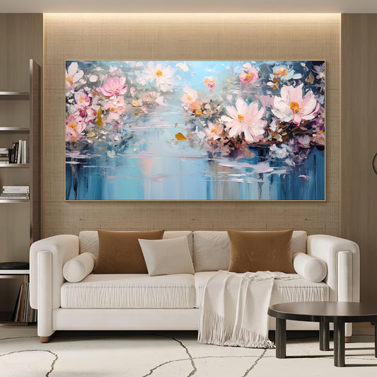 Large Floral Canvas | Blue & Pink Flowers | Modern Impressionist Wall Art