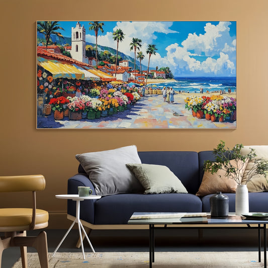 Coastal Village Canvas | Mediterranean Seaside Art | Colorful Beach Town Decor