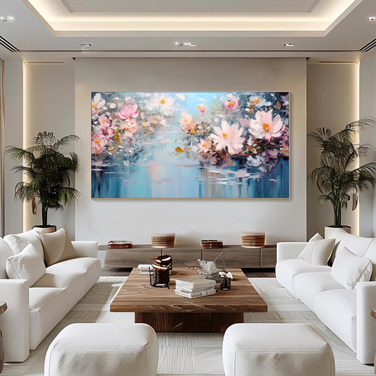 Large Floral Canvas | Blue & Pink Flowers | Modern Impressionist Wall Art