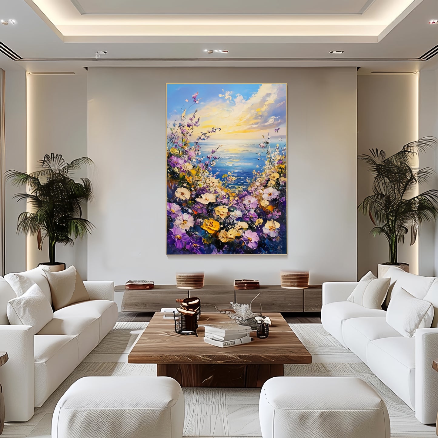 3D Seaside Floral Canvas | Ocean Sunset Wall Art | Coastal Wildflower Decor