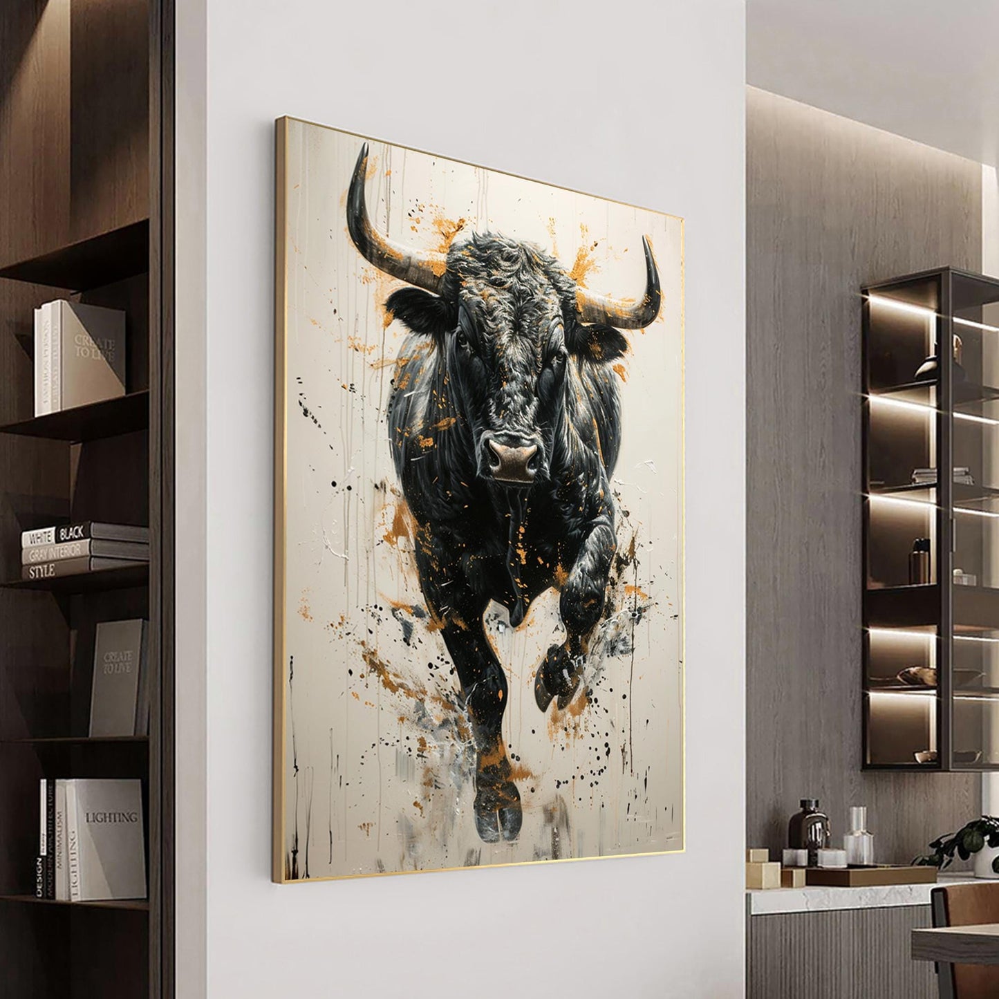 Large Black Bull Painting | Abstract Animal Canvas | Modern Wall Art