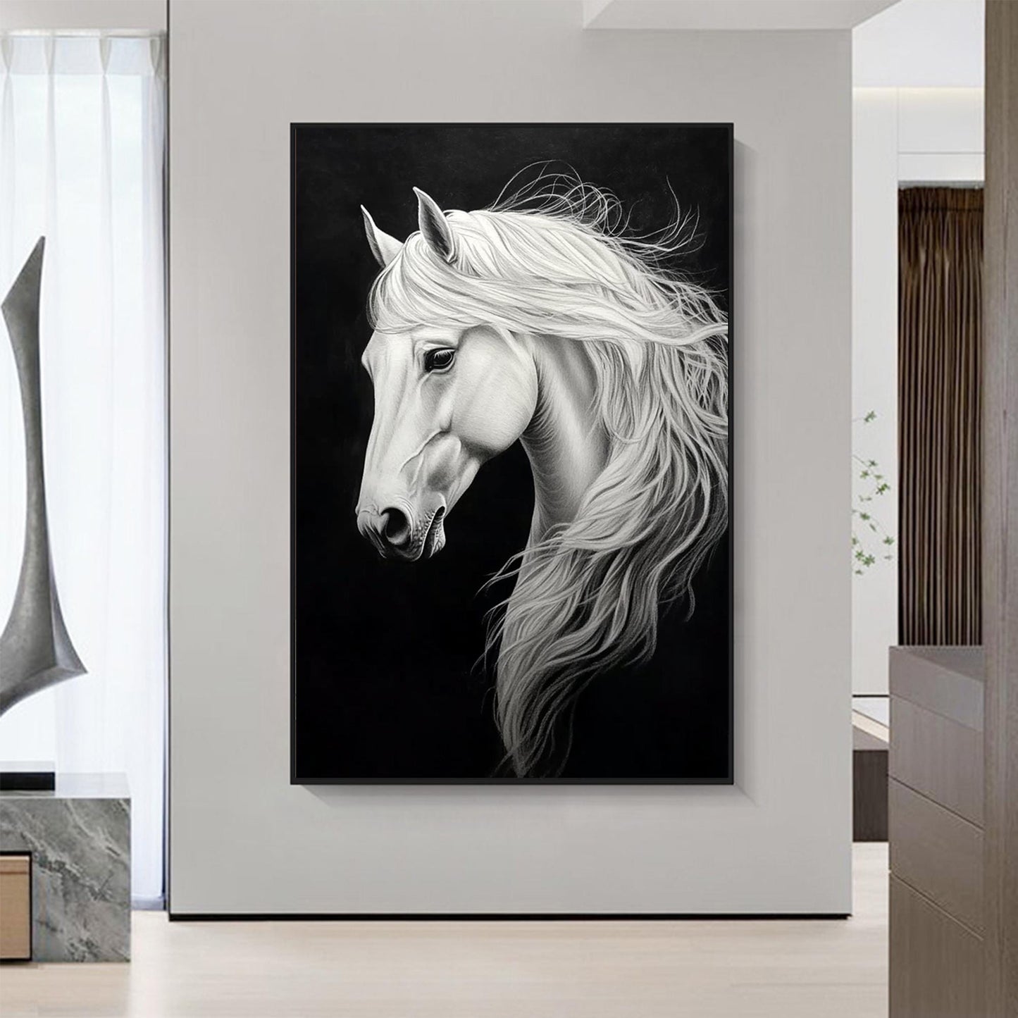 Original White Horse Painting | Elegant Horse Canvas Art | Black & White Animal Decor
