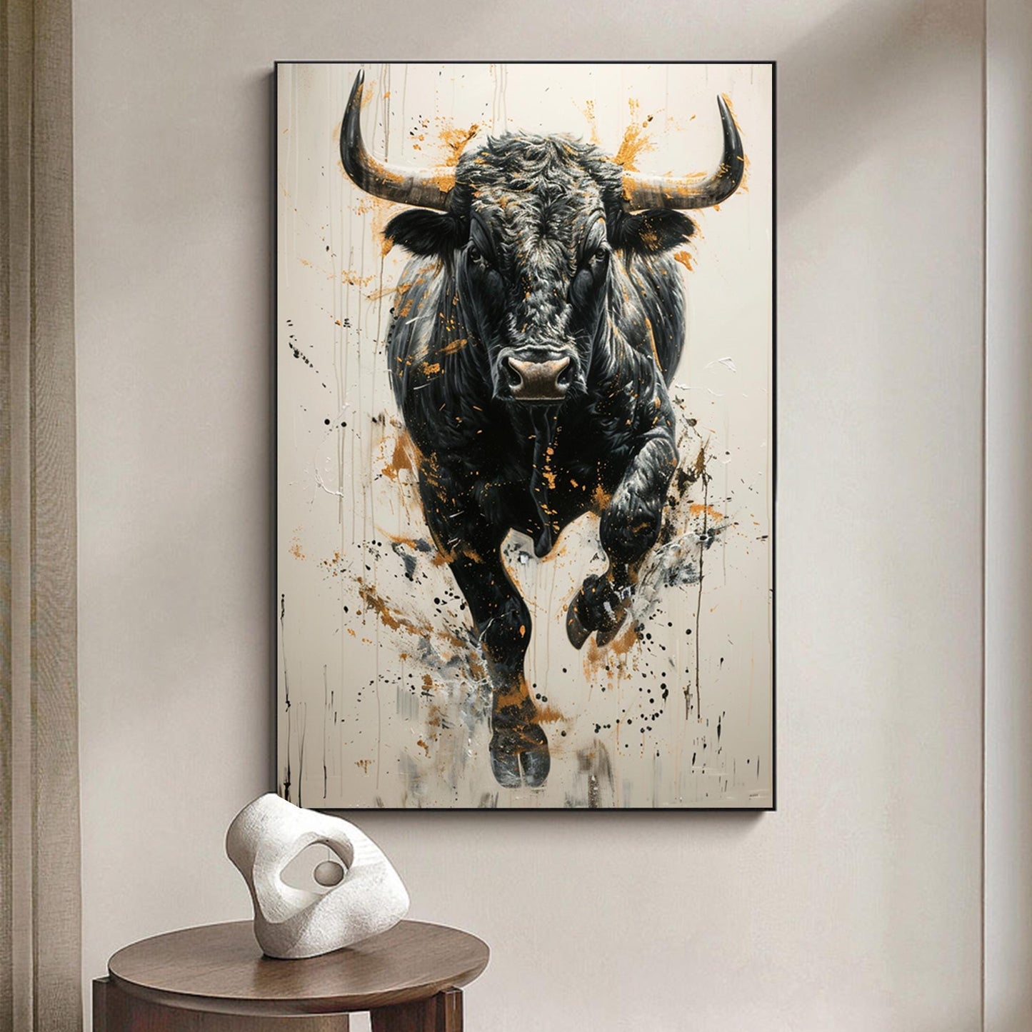 Large Black Bull Painting | Abstract Animal Canvas | Modern Wall Art