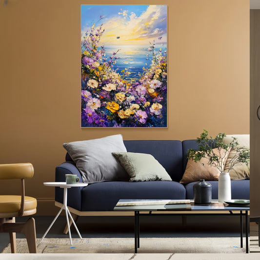 3D Seaside Floral Canvas | Ocean Sunset Wall Art | Coastal Wildflower Decor