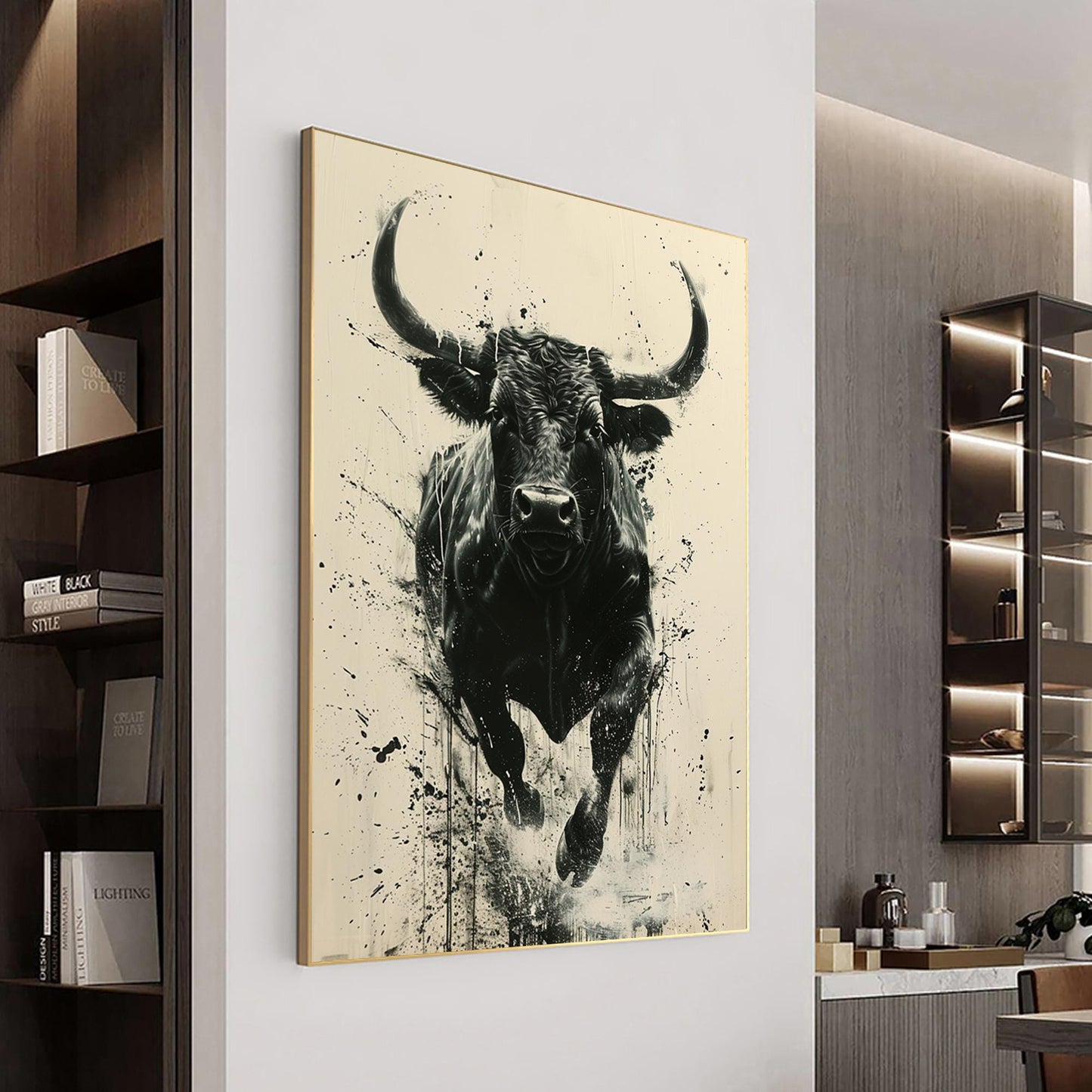 Original Black Bull Painting | Abstract Cow Canvas Art | Modern Animal Wall Decor