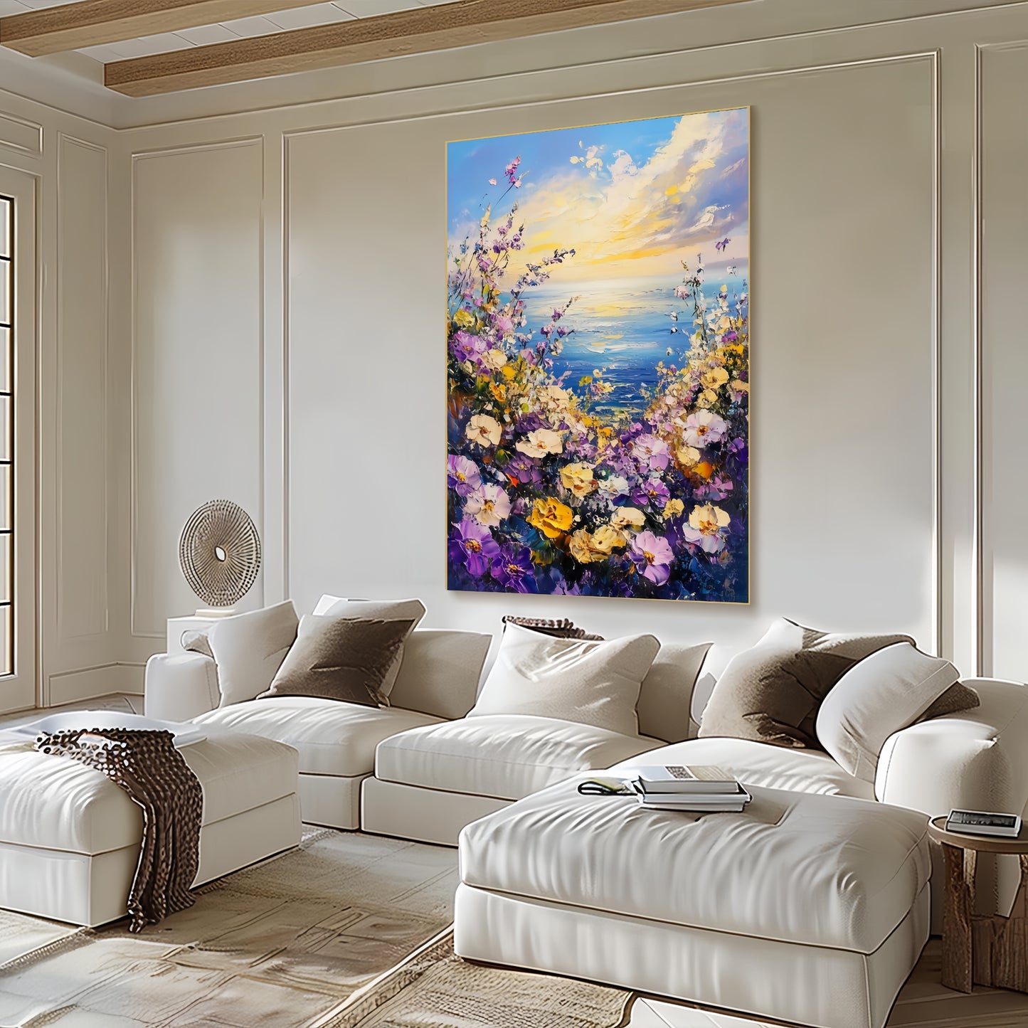 3D Seaside Floral Canvas | Ocean Sunset Wall Art | Coastal Wildflower Decor