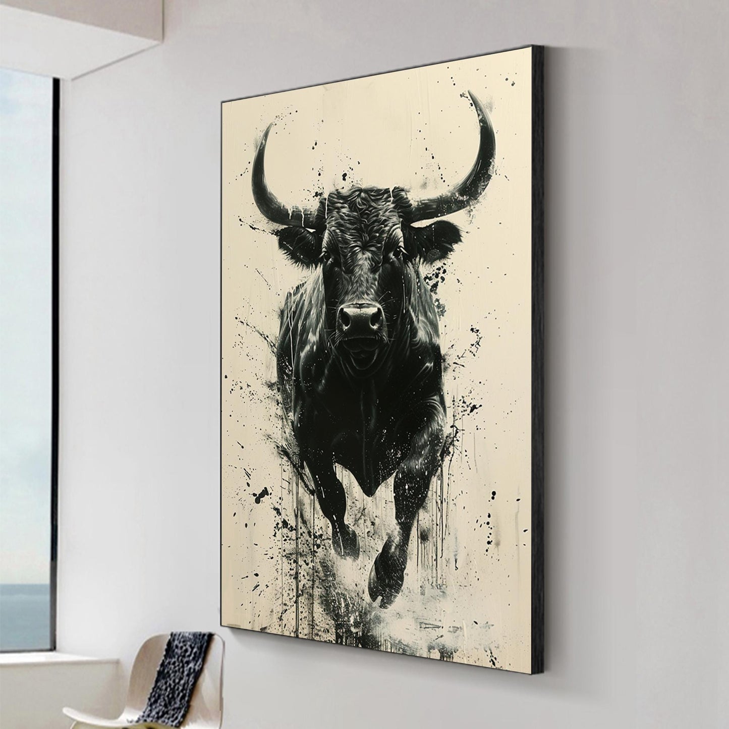 Original Black Bull Painting | Abstract Cow Canvas Art | Modern Animal Wall Decor