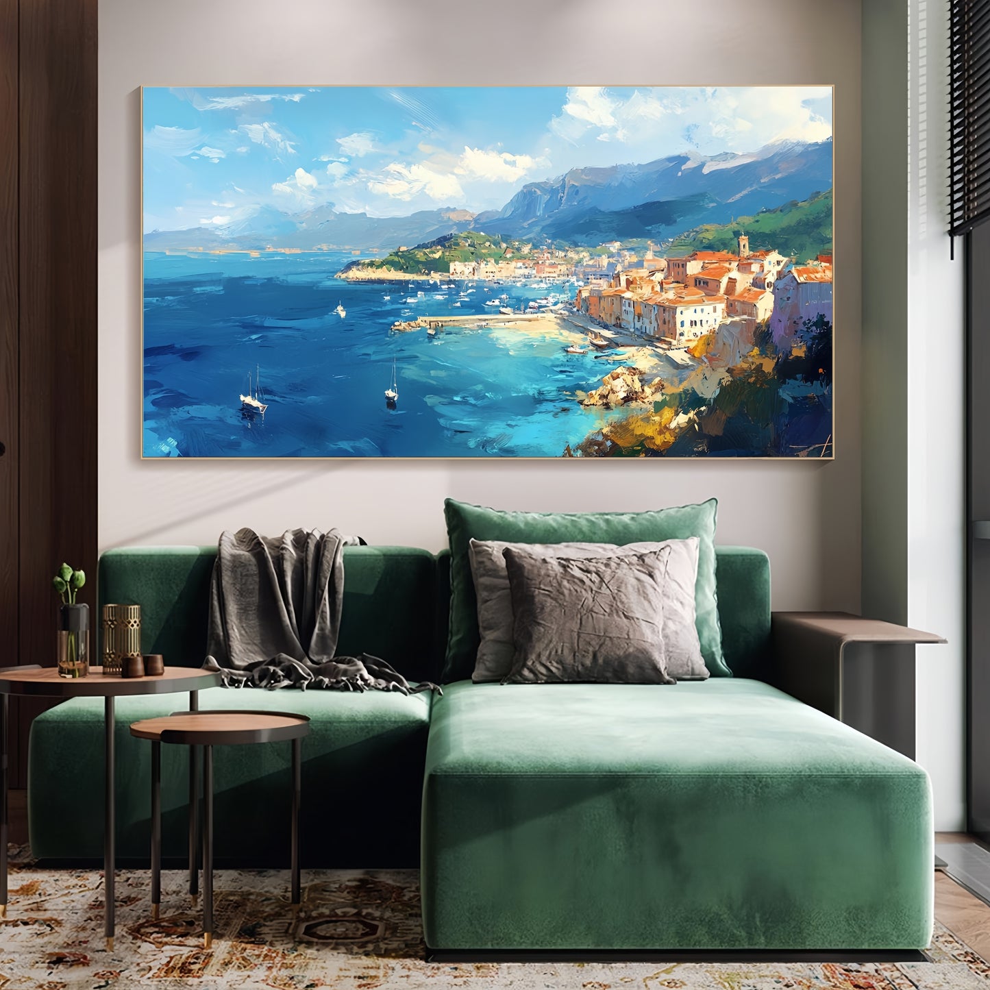 Large Seaside Canvas | Mediterranean Harbor Art | Coastal Wall Decor