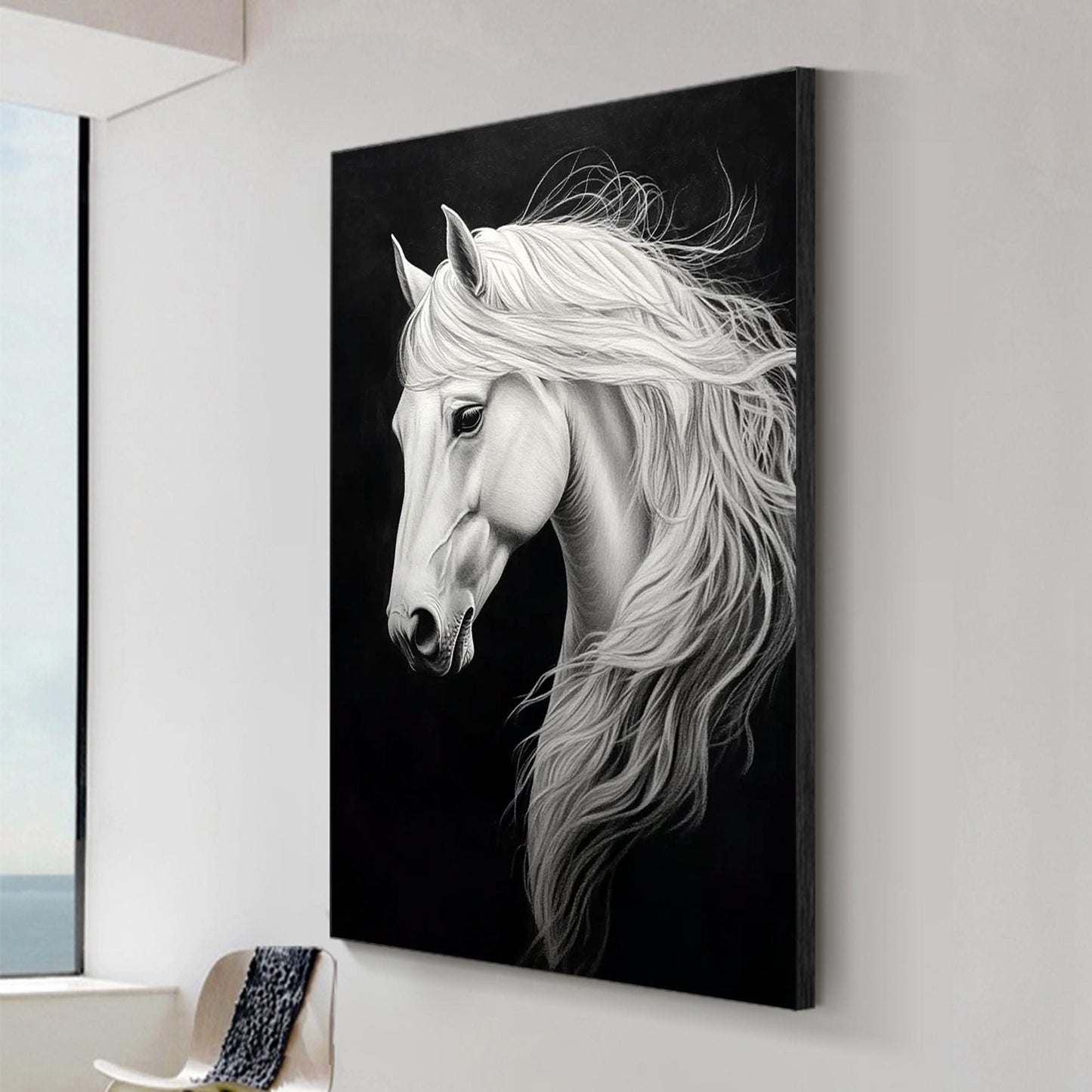 Original White Horse Painting | Elegant Horse Canvas Art | Black & White Animal Decor