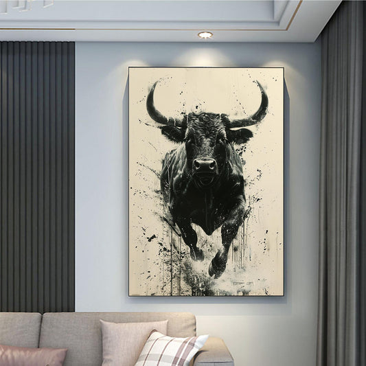 Original Black Bull Painting | Abstract Cow Canvas Art | Modern Animal Wall Decor