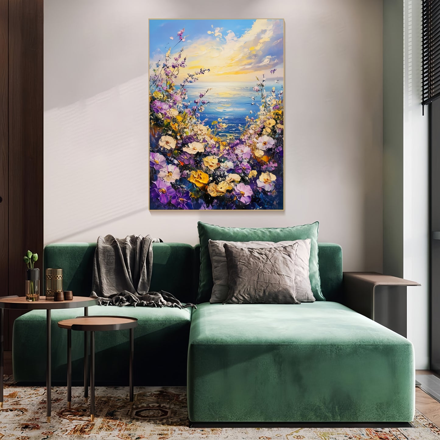 3D Seaside Floral Canvas | Ocean Sunset Wall Art | Coastal Wildflower Decor