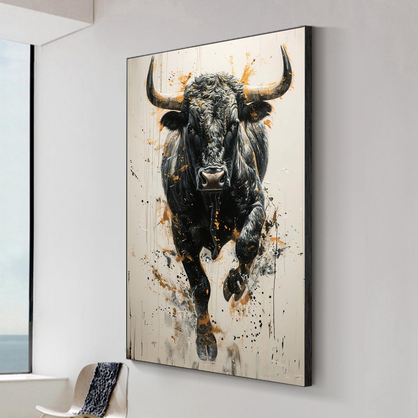 Large Black Bull Painting | Abstract Animal Canvas | Modern Wall Art
