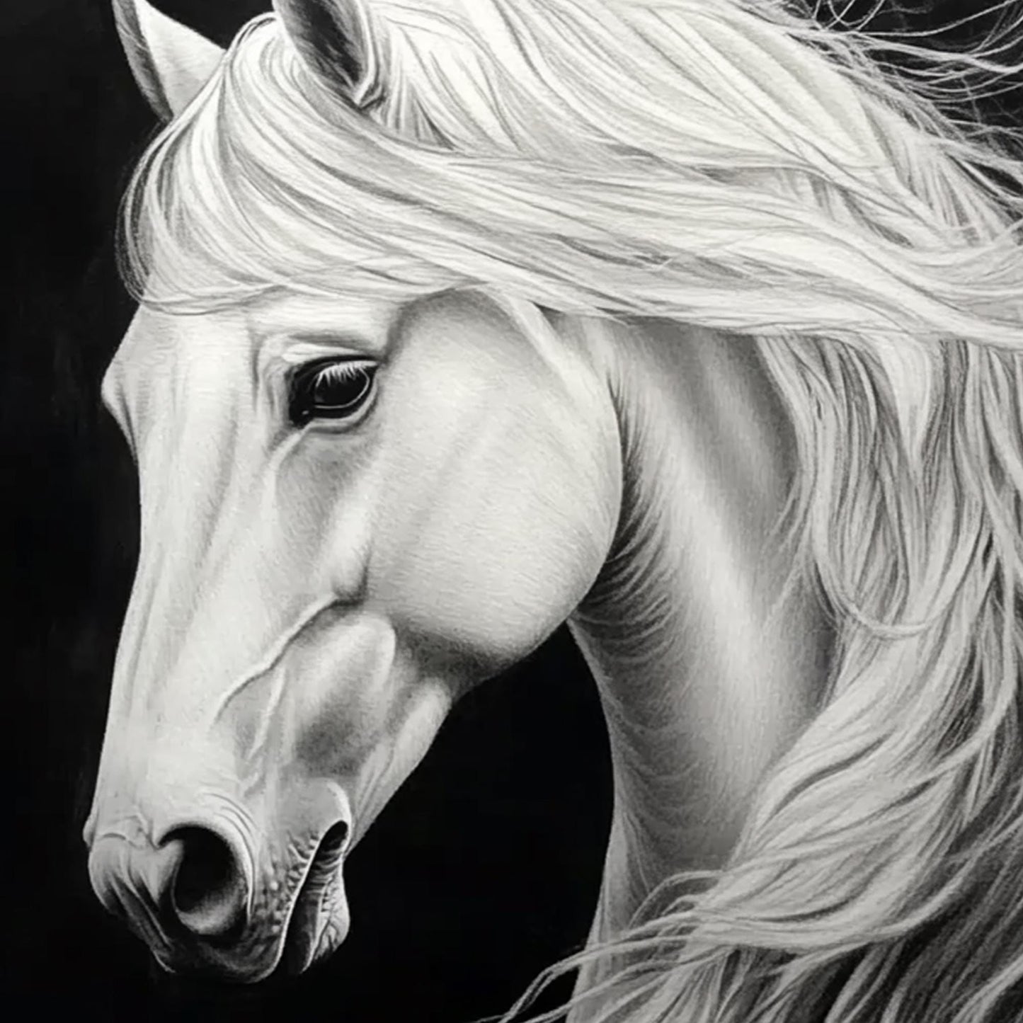 Original White Horse Painting | Elegant Horse Canvas Art | Black & White Animal Decor