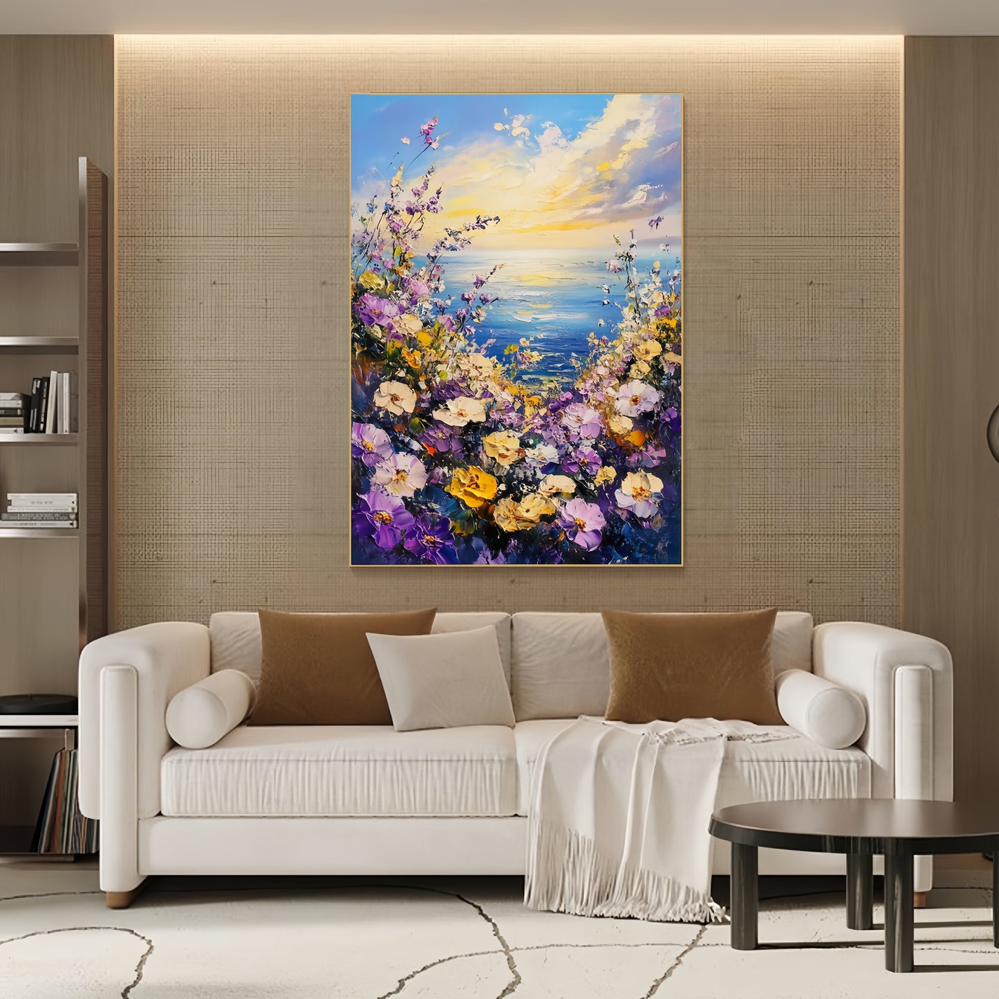 3D Seaside Floral Canvas | Ocean Sunset Wall Art | Coastal Wildflower Decor