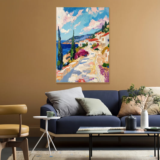 3D Coastal Village Art | Mediterranean Seaside Canvas | Modern Impressionist Decor