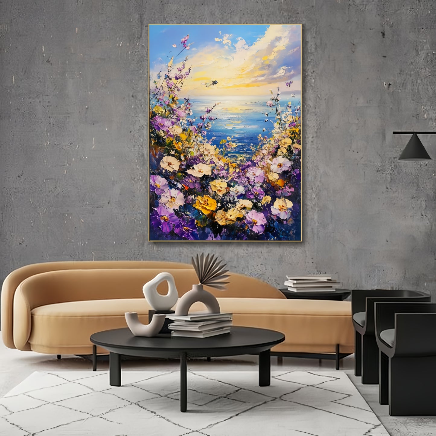 3D Seaside Floral Canvas | Ocean Sunset Wall Art | Coastal Wildflower Decor