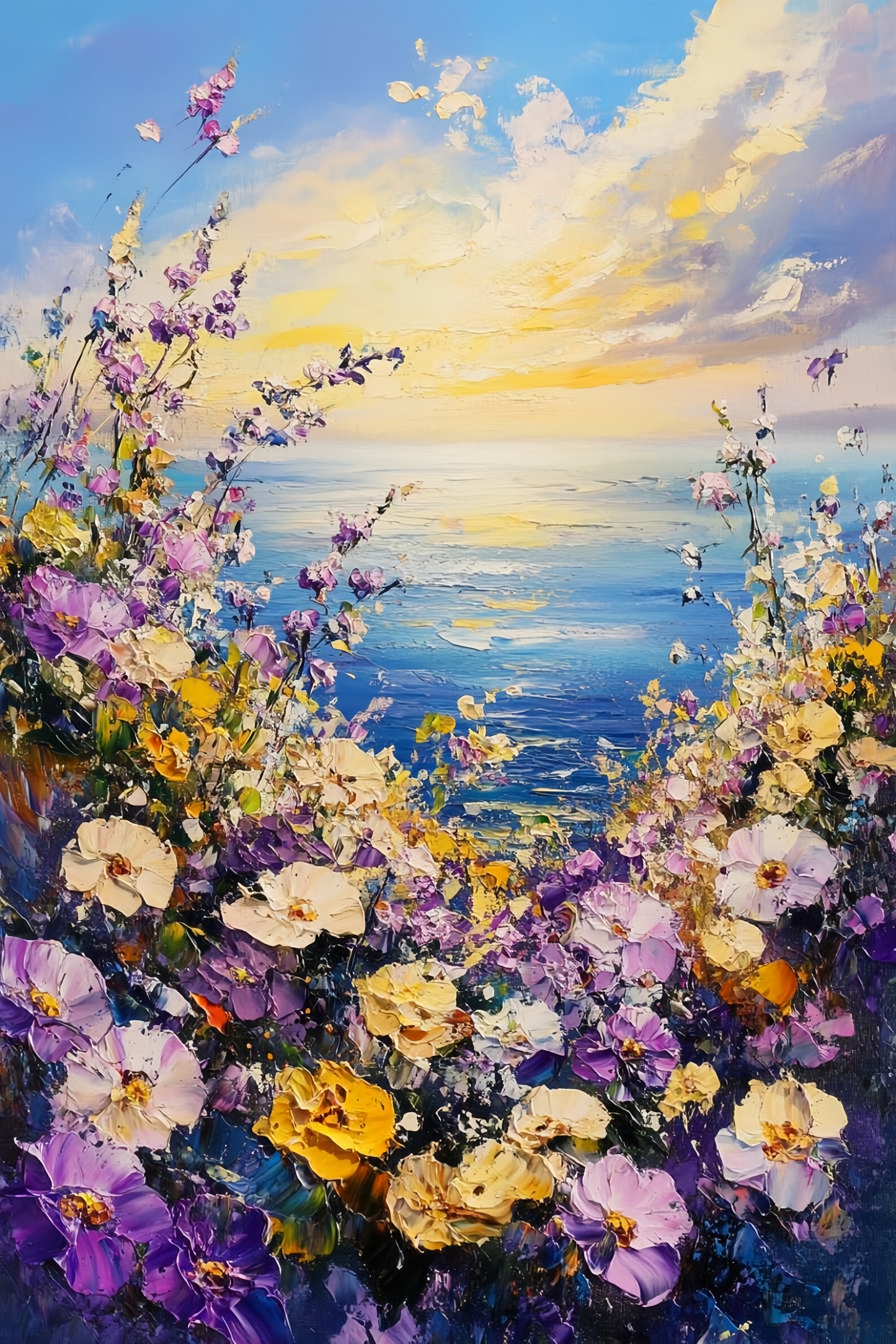3D Seaside Floral Canvas | Ocean Sunset Wall Art | Coastal Wildflower Decor